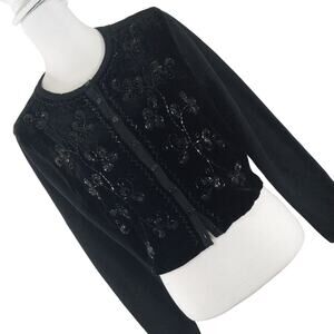 BANANA REPUBLIC! MERINO WOOL, VELVET & BEADED BLACK CARDIGAN SWEATER! SZ M